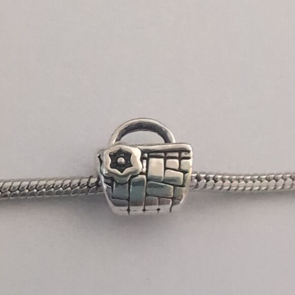 Silver Picnic Basket with Flower / Purse Charm for Pandora Style Bracelet - Picture 1 of 4